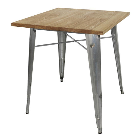 Bolero Galvanised Square Steel Bistro Table with Wooden Top 700mm - HospoStore