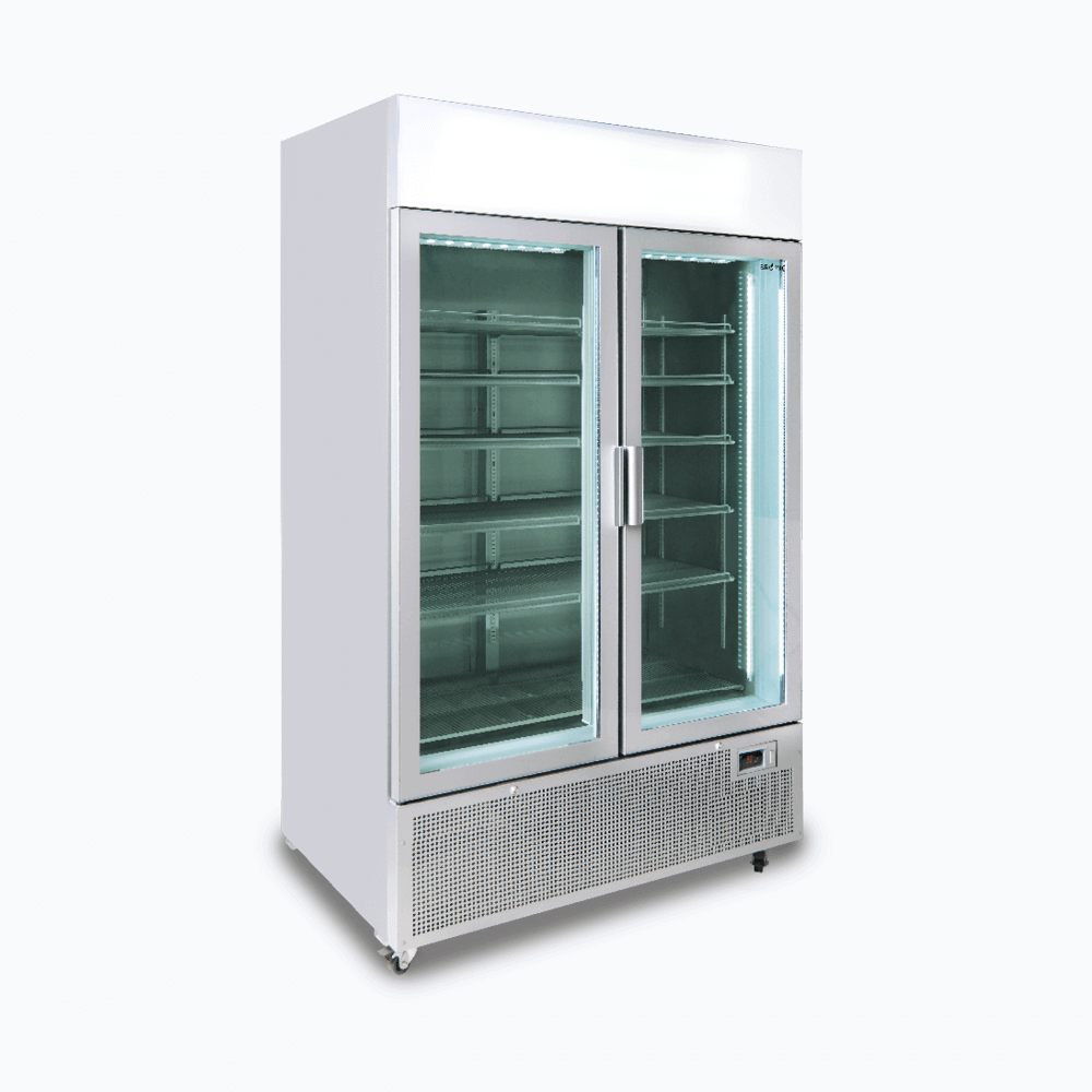 Upright Display Fridge - 1082L - 2 Door - Flat Glass - Lightbox - Silver