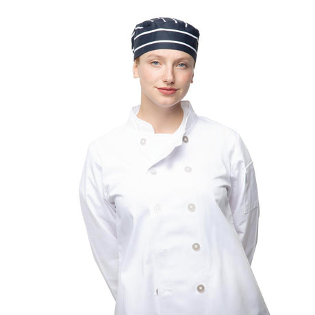 Whites Chefs Skull Cap Blue and White Butchers Stripe - HospoStore