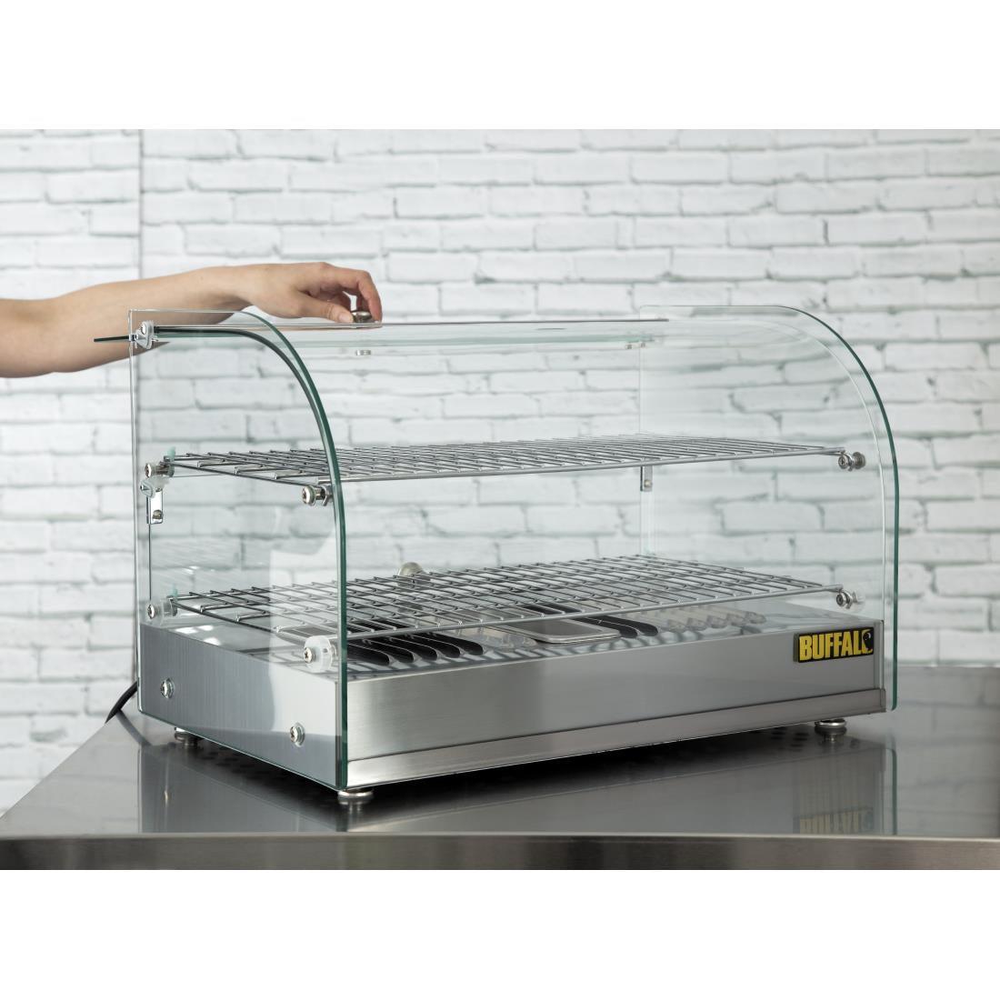 Apuro CK916-A Apuro Pastry Heated Showcase Curved Glass w/Hinged Rear Doors 2 Shelves 45Ltr - HospoStore