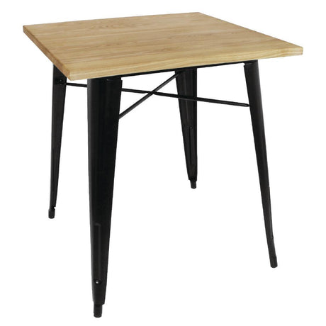 Bolero Black Square Steel Bistro Table with Wooden Top 700mm - HospoStore